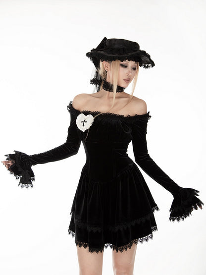 Gothic Black Velvet Off-the-shoulder Neckline Bell Sleeves Dress