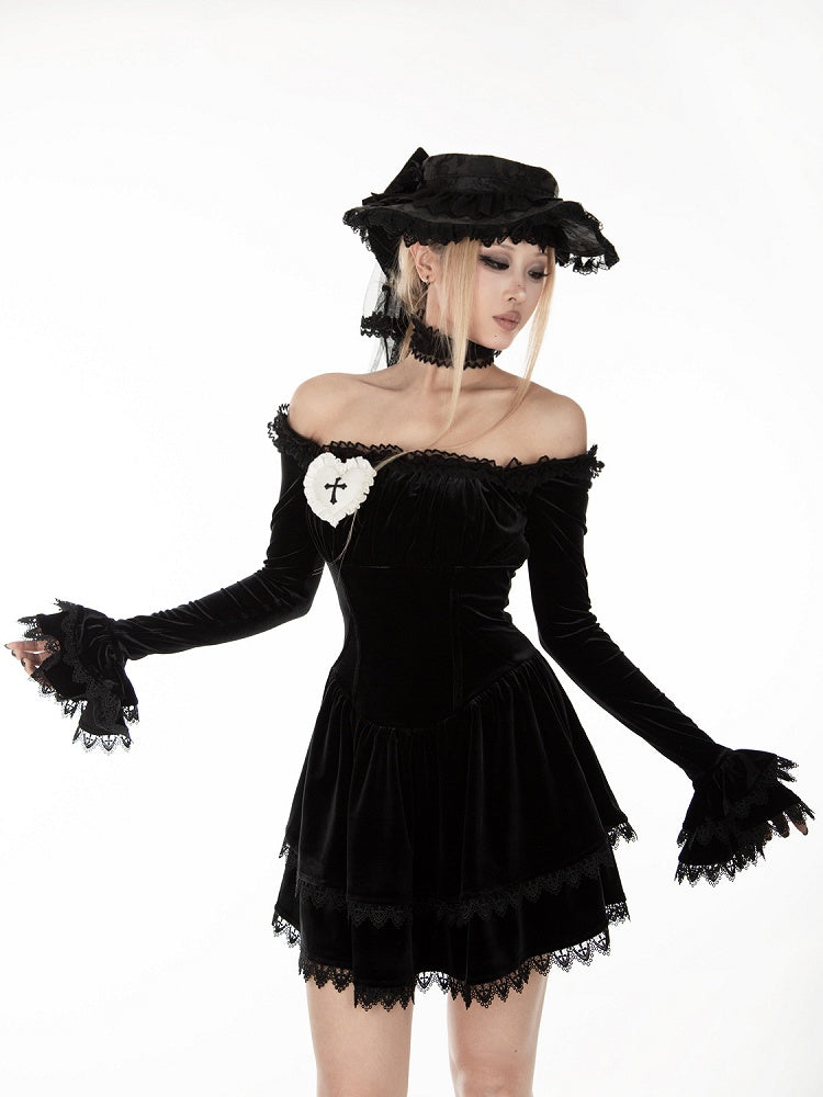 Gothic Black Velvet Off-the-shoulder Neckline Bell Sleeves Dress