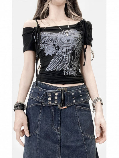 Black Y2K Rhinestone Decorated Floral Design Off-the-shoulder Neckline T-shirt