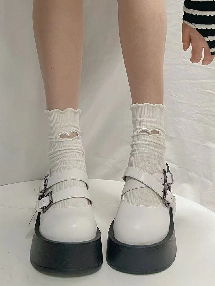 White Mary Janes - Double Buckle Design & Black Platform Sole