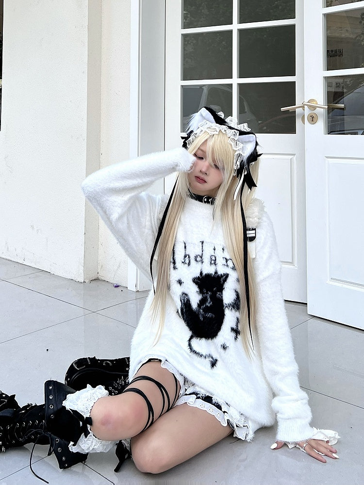 Black/White Plush Sweater with Devil Kitten Design and Distress Trim
