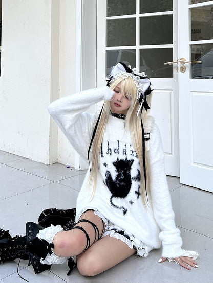 Black/White Plush Sweater with Devil Kitten Design and Distress Trim