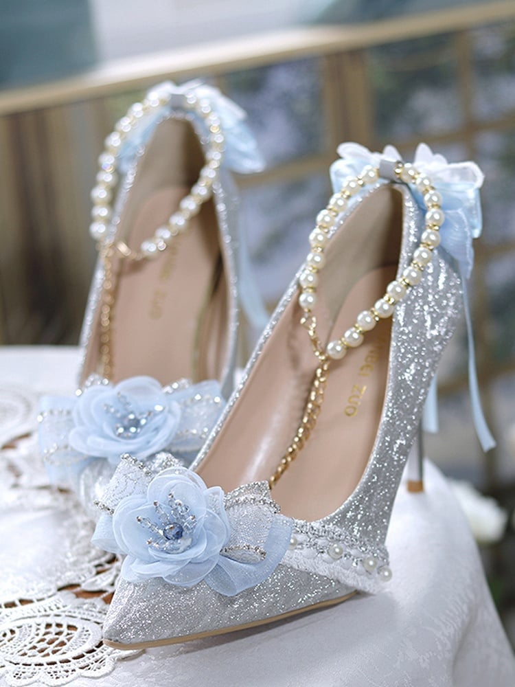 Silver & Light Blue Glittering Floral Bownknot Detachable Beaded Chain Hime Lolita High Heels