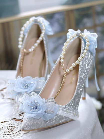 Silver & Light Blue Glittering Floral Bownknot Detachable Beaded Chain Hime Lolita High Heels
