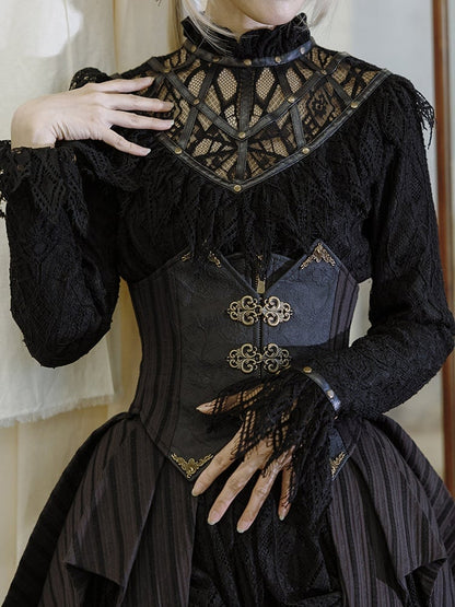 Black Gothic Banded Collar Lace Shirt