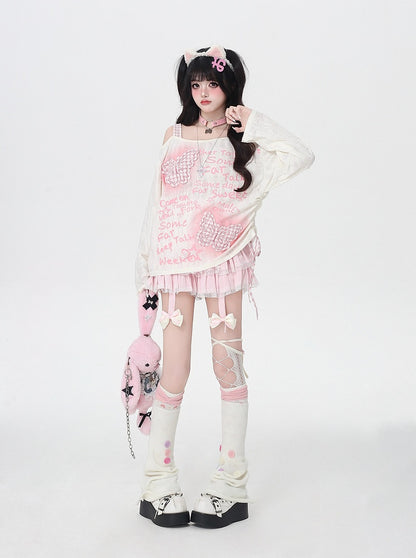 Sweet Pink Plaid Butterfly Appliques Asymmetrical Neckline Black/Apricot Top