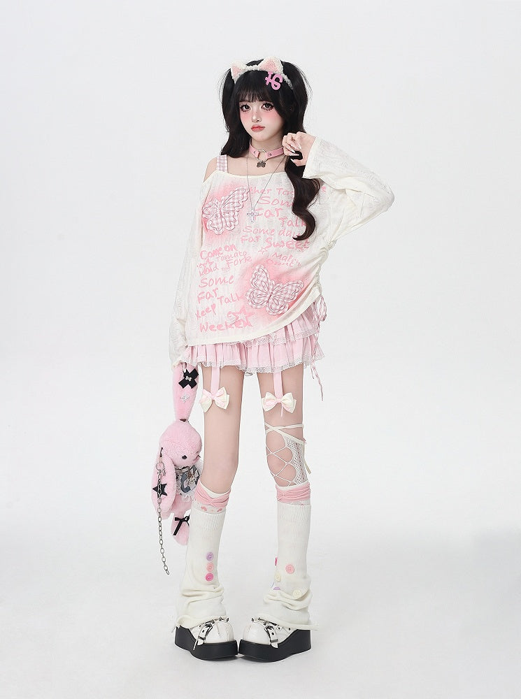 Sweet Pink Plaid Butterfly Appliques Asymmetrical Neckline Black/Apricot Top