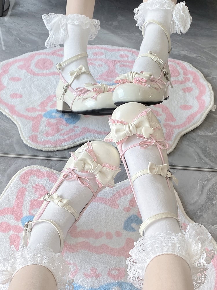 Creamy White Ruffle Trim Decorated Bow at Top 3.5CM Sweet Lolita Block Heel Mary Janes