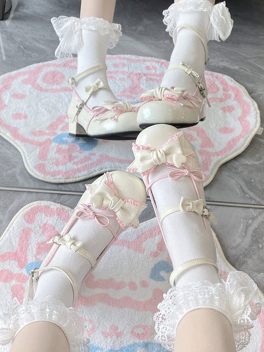 Creamy White Ruffle Trim Decorated Bow at Top 3.5CM Sweet Lolita Block Heel Mary Janes
