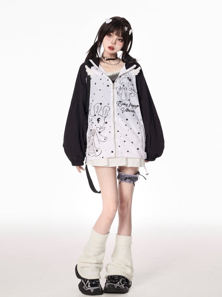 Kitty Ears Design Hood Cartoon Print Black/Green Colorblock Zip-up Jacket