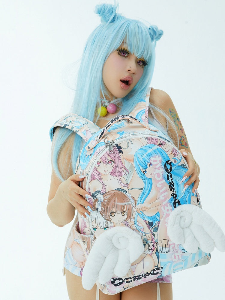 Colorful Cartoon Print PU Backpack with Angel Wings