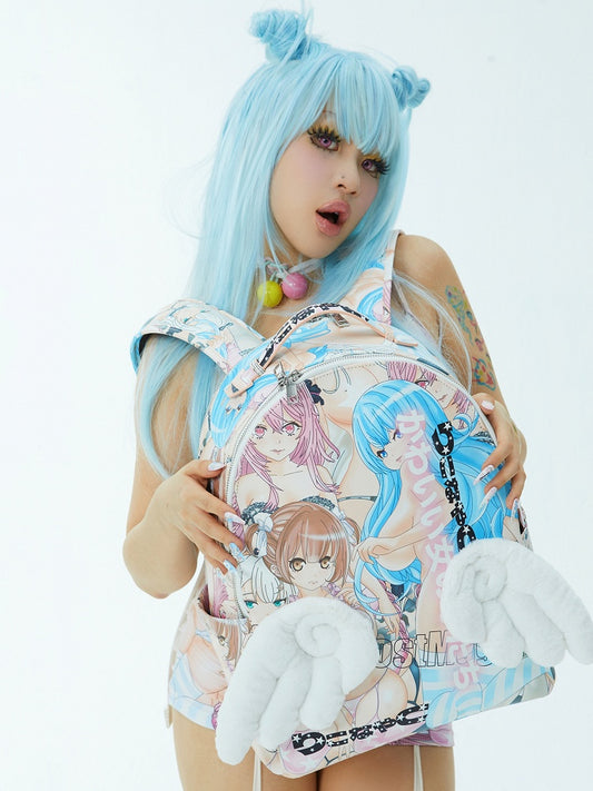 Colorful Cartoon Print PU Backpack with Angel Wings