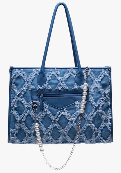 Elegant Blue Quilted Tote Bag With Beaded Chain Accent -Spacious Design