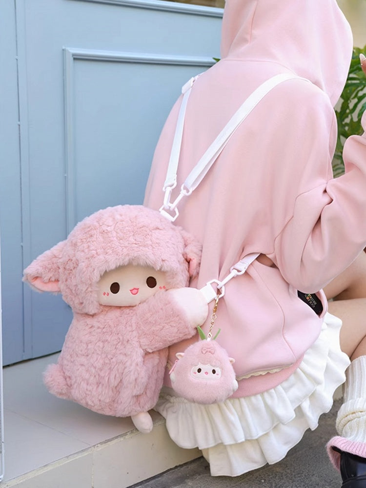 Cute Little Lamb Pink Plush Backpack/Crossbody Bag + Keychain