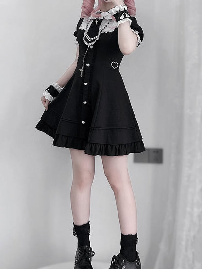 Plus Size Available Black Jirai Kei Set- Lace Trim Dress + Shorts + Tie + Wrist Cuffs