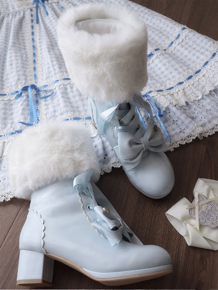 Mid-heel Sweet Blue Lolita Boots with Bow-shaped Shoe Clips & Detachable Plush Cuff