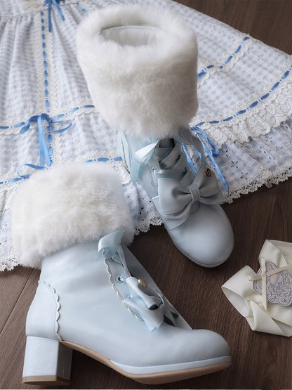 Mid-heel Sweet Blue Lolita Boots with Bow-shaped Shoe Clips & Detachable Plush Cuff