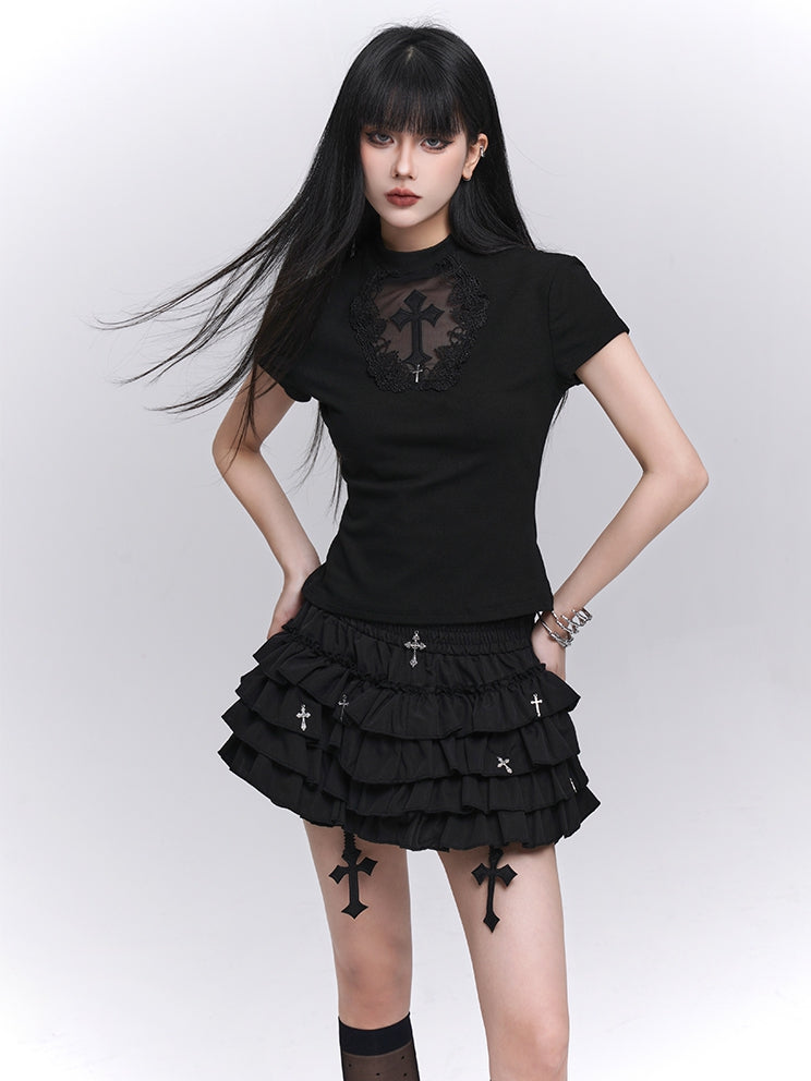 Gothic Black Cross Charms Mini Tiered Skirt Bloomers Lining