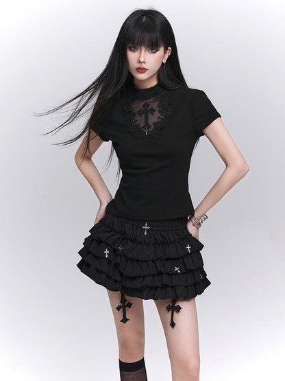 Gothic Black Cross Charms Mini Tiered Skirt Bloomers Lining