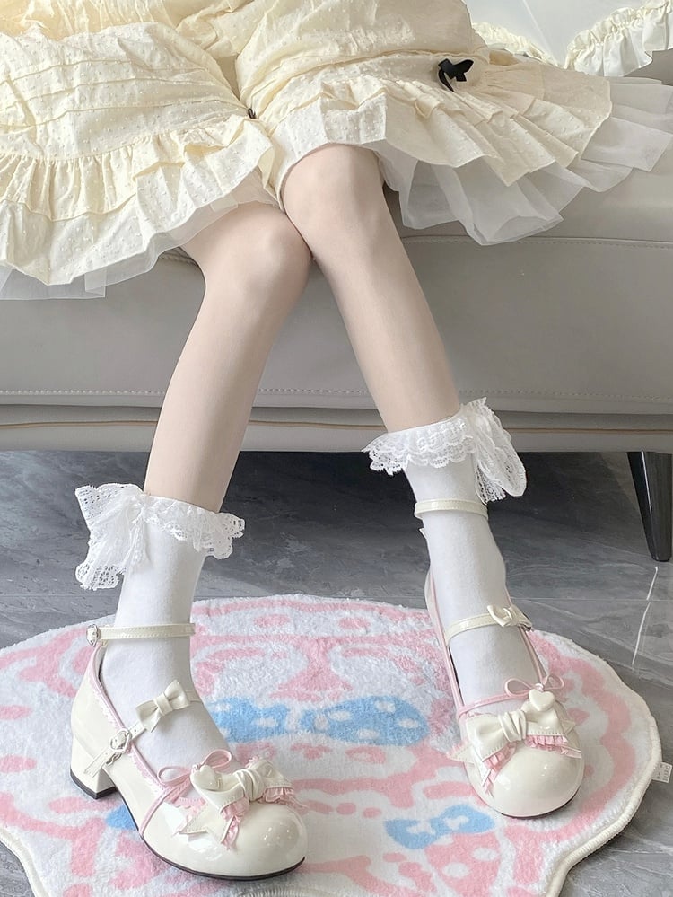 Creamy White Ruffle Trim Decorated Bow at Top 3.5CM Sweet Lolita Block Heel Mary Janes