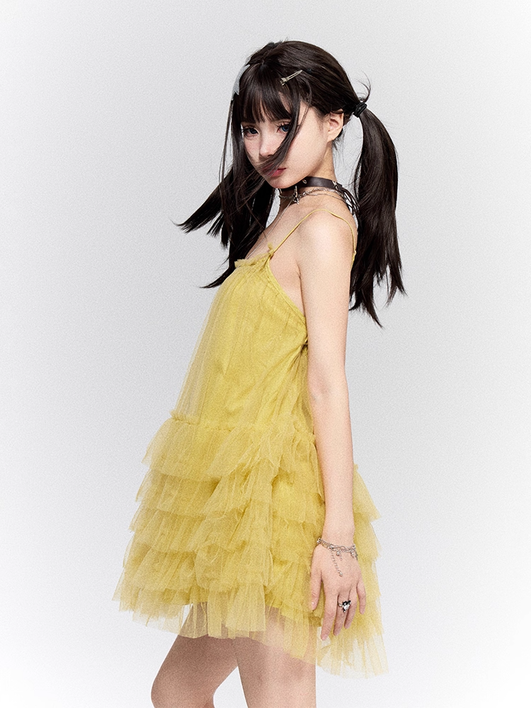 Mustard Yellow Square Neckline Layered Mesh Backless Cami Dress