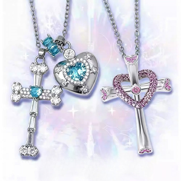 Pink/Blue/Green Y2K Bittersweet Rhinestone Heart And Cross Pendant Necklace