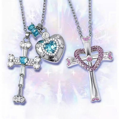 Pink/Blue/Green Y2K Bittersweet Rhinestone Heart And Cross Pendant Necklace