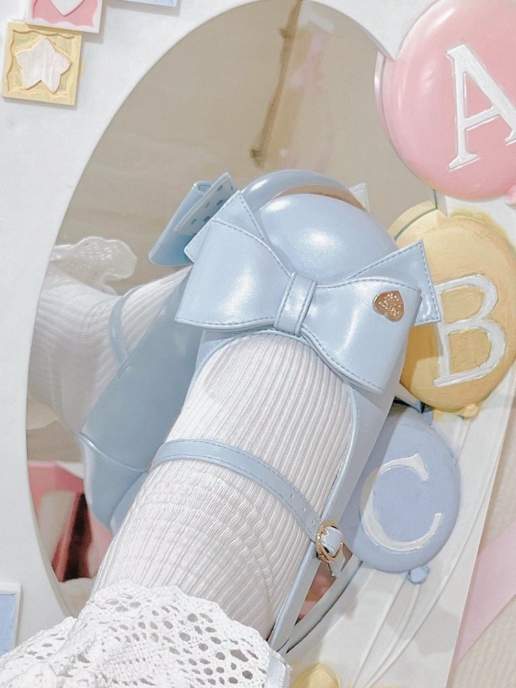 Bow at Top Blue Round Toe 3cm Heel Sweet Mary Janes