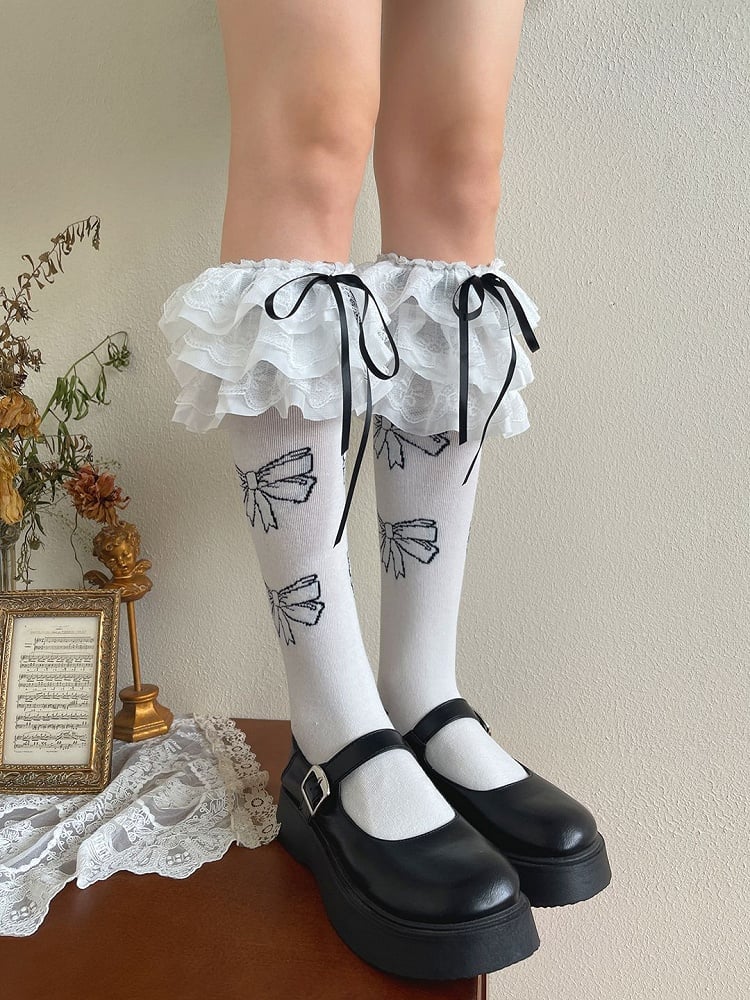 White/Black Bowknot Decorated Lace Trim Lolita Underknee Stockings