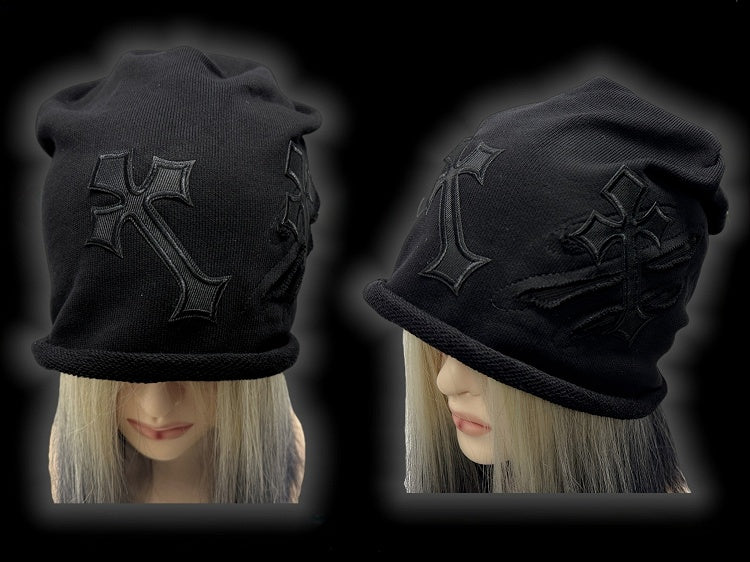 Y2K Black Gothic Cross Appliques Slouchy Beanie