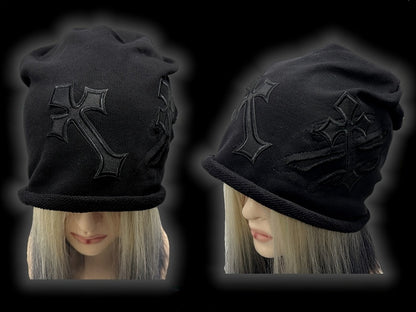 Y2K Black Gothic Cross Appliques Slouchy Beanie