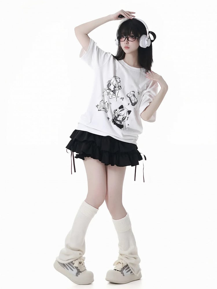 Anime Girl Print White/Dark Gray Round Neck Cotton T-shirt