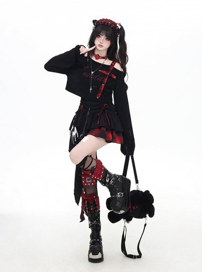 Red and Black Plaid Drawstring Waist Handkerchief Hem Tiered Skirt Cami Dress