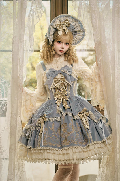 Bows Decoration Candle Embroidery Blue Velvet Dress Lolita JSK / Set