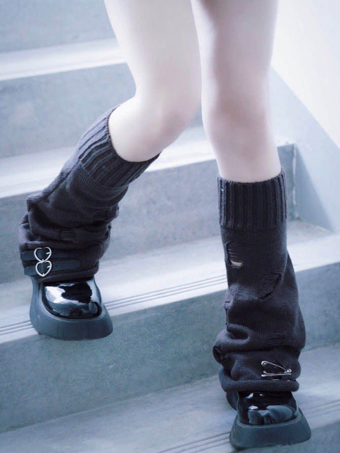 PU Buckles Dark Gray Gothic Distressed Holes Leg Warmers