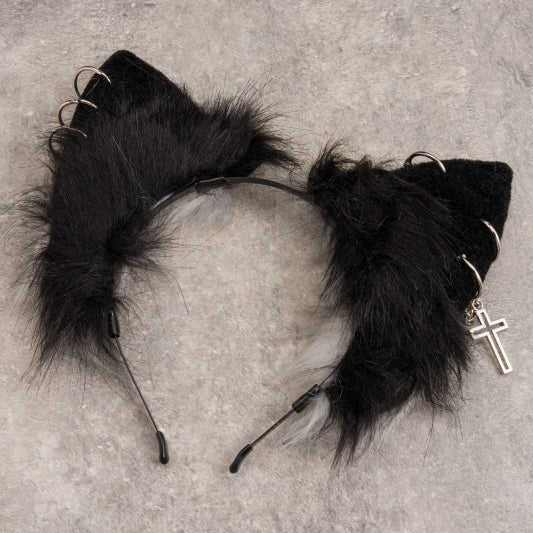 Cross Chains Decorated Black and White Gothic Kitty Ears KC