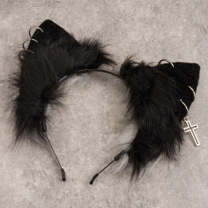 Cross Chains Decorated Black and White Gothic Kitty Ears KC