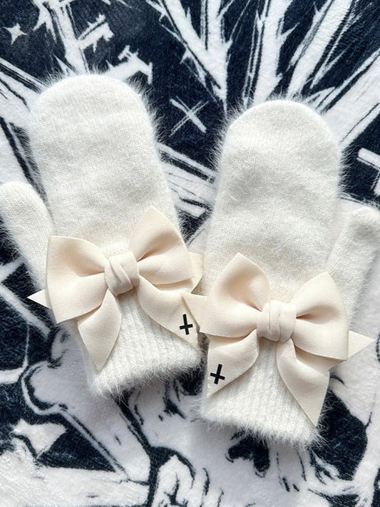 White Gothic Bowknot Details Full-finger Gloves With Black Cross Print