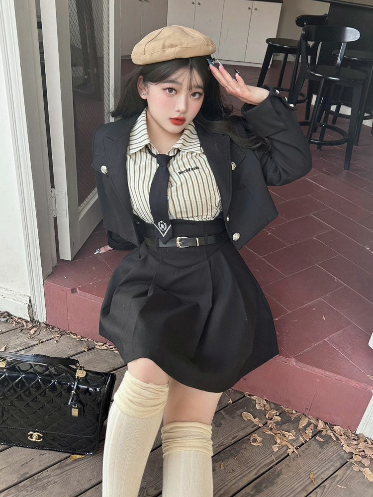 Plus Size - Black Preppy Cropped Blazer Silver-tone Buttons