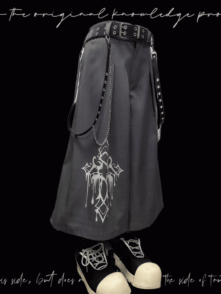 Gray Cross Print Vintage Wide-Leg Pants