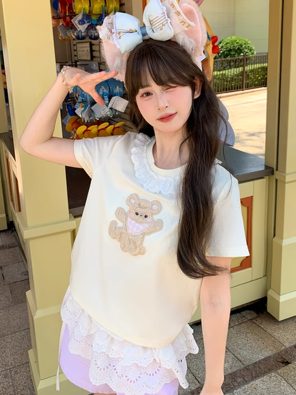 Plush Bear Applique Apricot Lace Trim Neckline T-shirt