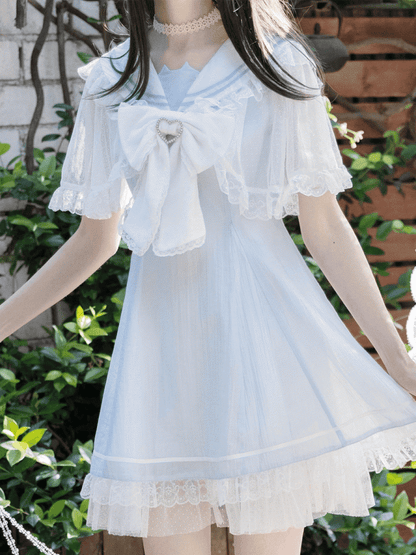 Light Blue Jirai Kei Sailor Collar Lace Cape Design Dress with Bowtie