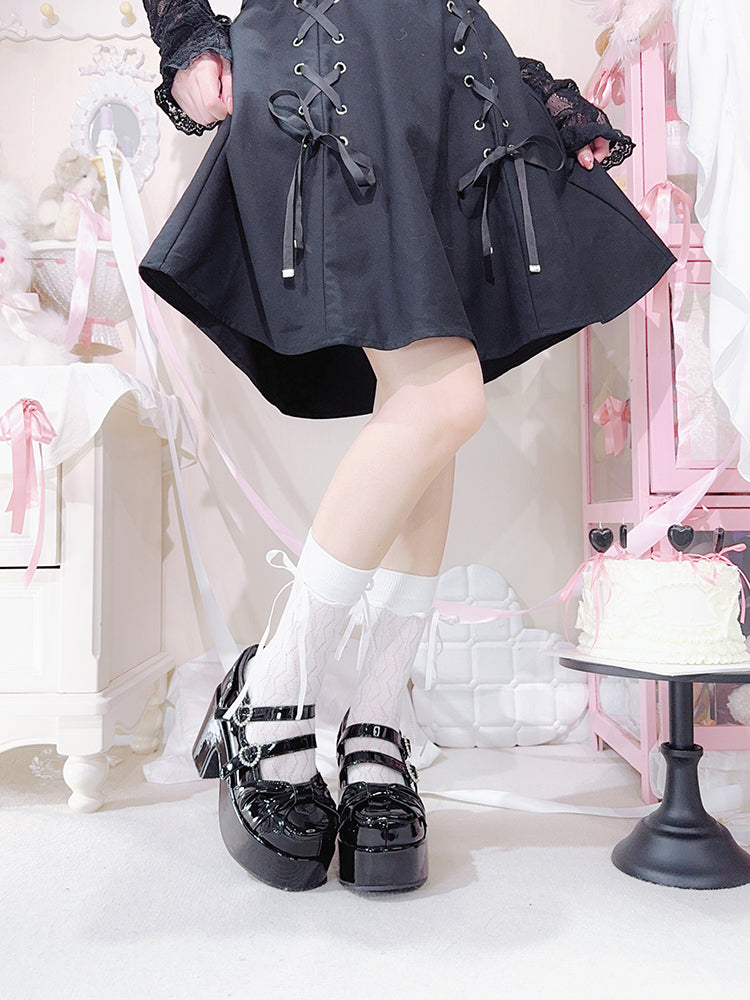 Polished Black Bow at Top Rhinestone Buckles Platform Mary Jane Shoes