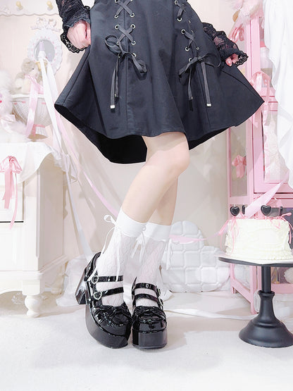 Polished Black Bow at Top Rhinestone Buckles Platform Mary Jane Shoes