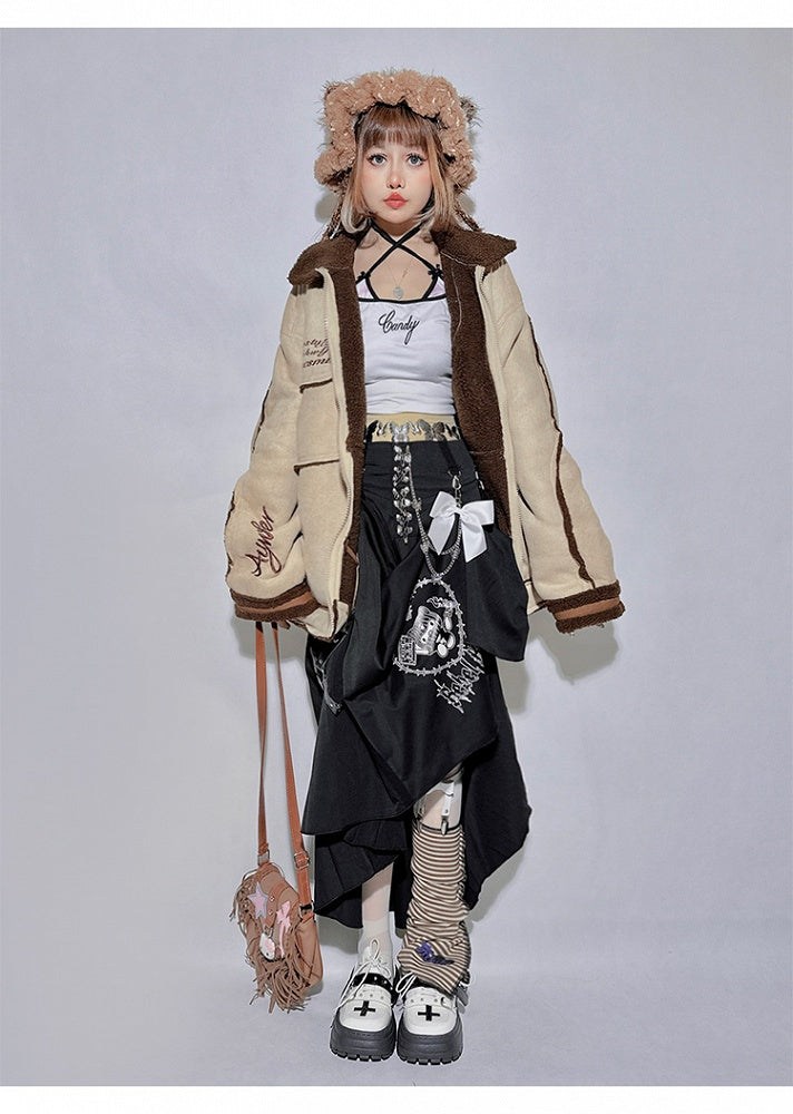 Punk Black Pin Chain Asymmetrical Hem Kitty Print Detachable Bow Skirt