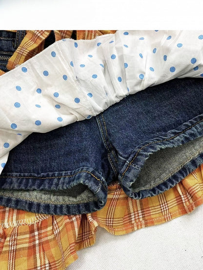 Blue Y2K Plaid And Polka-dot Pattern Shorts + Orange Plaid Pattern Letter Print Accessory