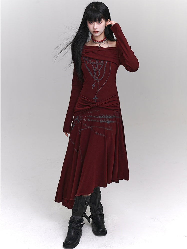Wine Red Asymmetrical Neckline and Hem Twist Detail Cross Print Dress