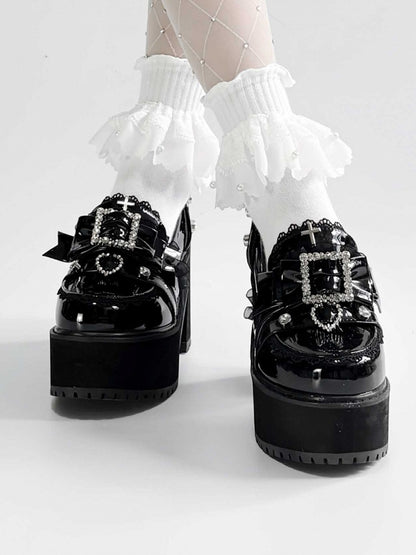 Polished Black Jirai Kei Rhinestone Decorated Bow at Top Lace Trim Platform High Block Heels Slipons