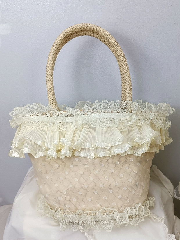 Polka-dot Pattern Beige Lace Trim Bonnet / Tote Bag