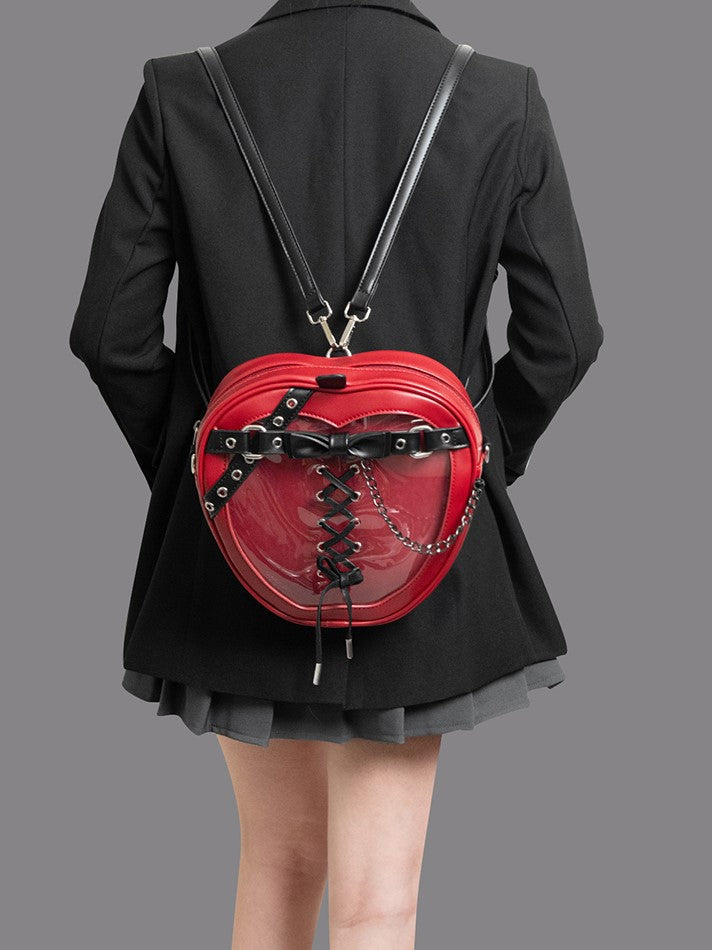 Small Charming Red Apple-Shaped 2-Way Ita Backpack With Black Belt And Bow Accents